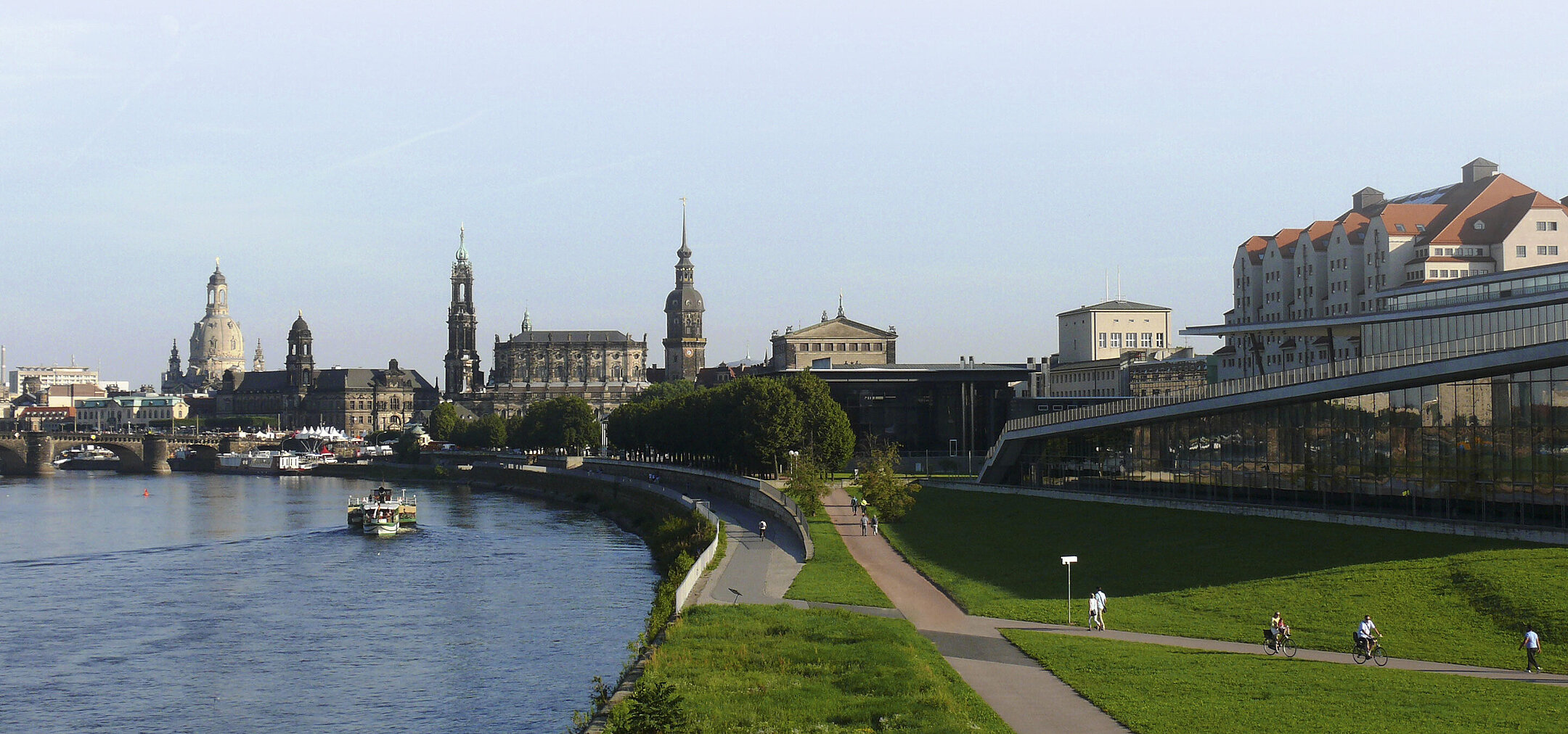 View of Dresden's historic old town with the Elbe River and famous landmarks in sunlight